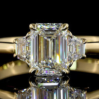 14K Yellow Gold 3-Stone Emerald Cut Lab Diamond Ring with Trapezoid Side Stones - 1.26 Carat Total Weight (E VVS2 Center) - Covaloro Fine Jewelry