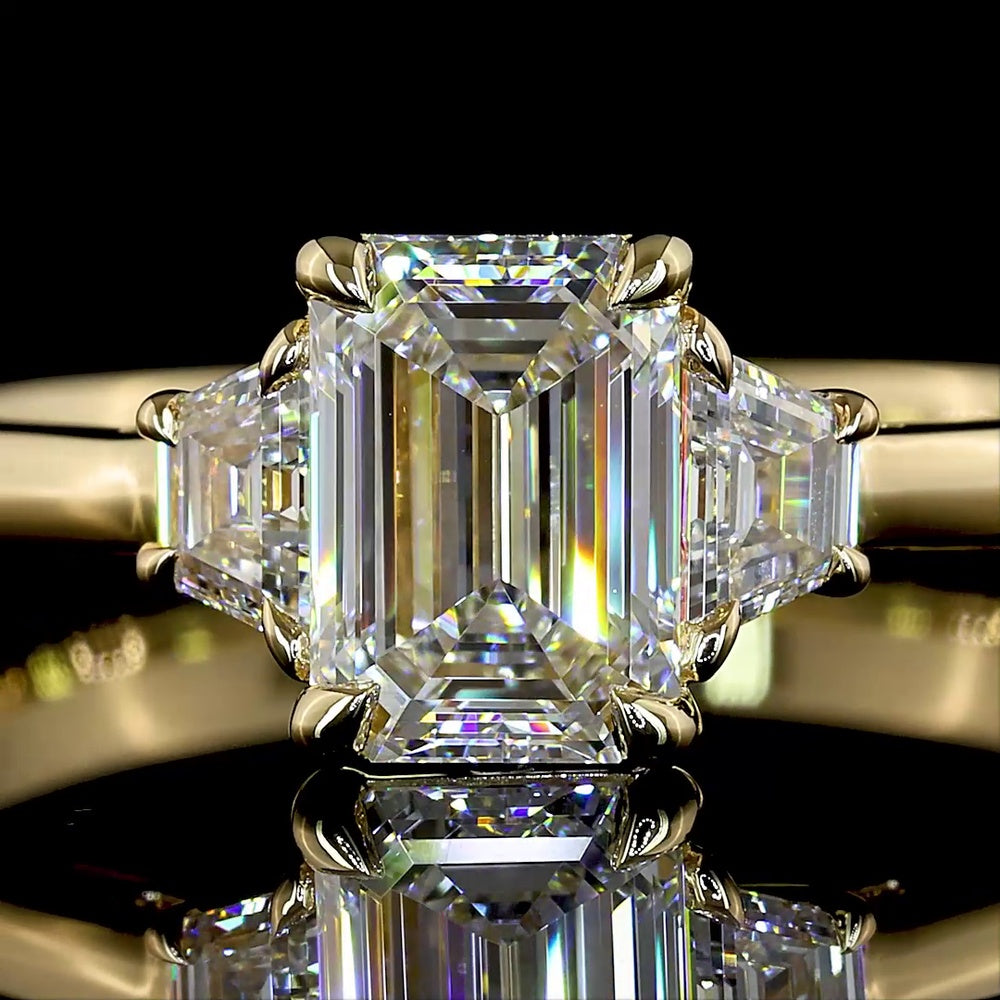 14K Yellow Gold 3-Stone Emerald Cut Lab Diamond Ring with Trapezoid Side Stones - 1.26 Carat Total Weight (E VVS2 Center) - Covaloro Fine Jewelry