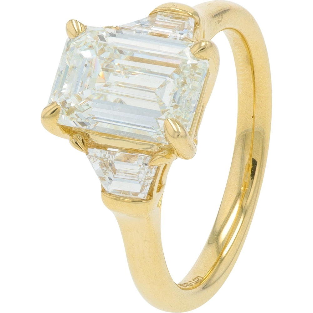 14K Yellow Gold 3-Stone Engagement Ring with Emerald Cut Lab Grown Diamond and Tapered Baguette Side Stones - 3.75 Carat Total Diamond Weight