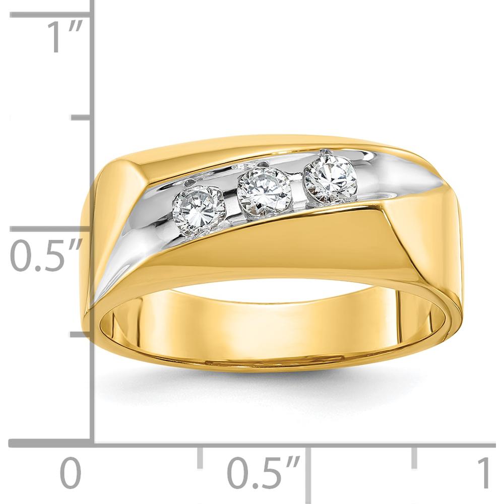 14K Yellow Gold 3-Stone Men's Diamond Ring with Grooved Band and White Rhodium Accents - 1/3 Carats Total Diamond Weight by IBGoodman