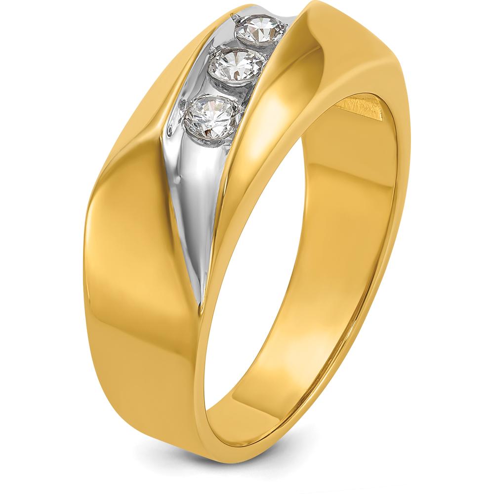 14K Yellow Gold 3-Stone Men's Diamond Ring with Grooved Band and White Rhodium Accents - 1/3 Carats Total Diamond Weight by IBGoodman