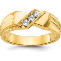14K Yellow Gold 3-Stone Men's Diamond Ring with Polished Grooved Band - 1/5 Carat Total Diamond Weight by IBGoodman