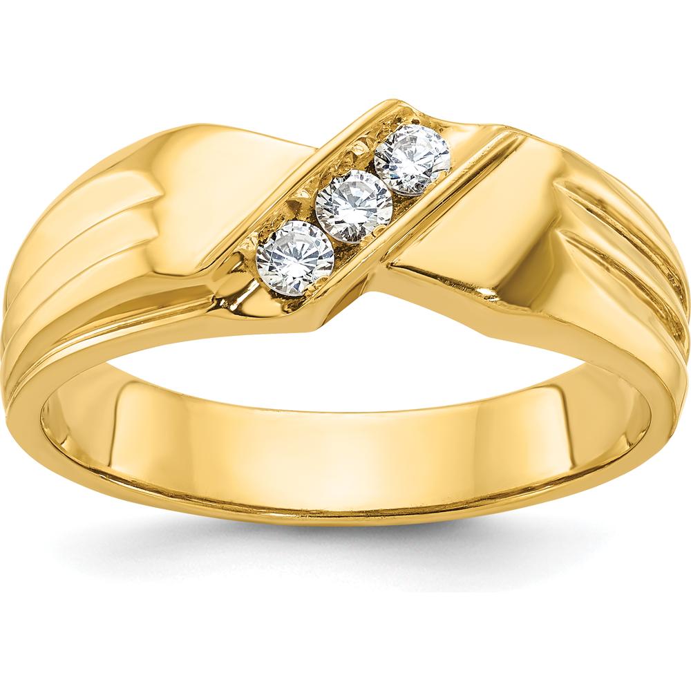 14K Yellow Gold 3-Stone Men's Diamond Ring with Polished Grooved Band - 1/5 Carat Total Diamond Weight by IBGoodman