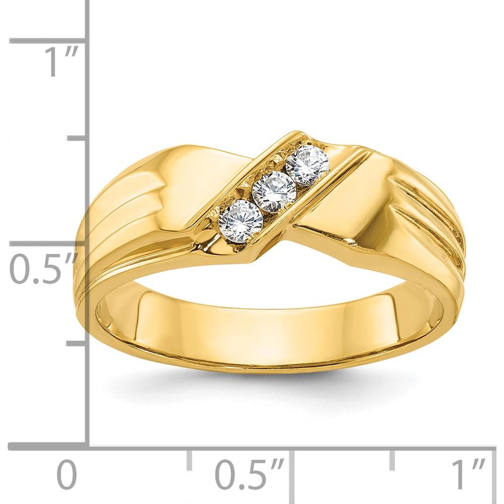 14K Yellow Gold 3-Stone Men's Diamond Ring with Polished Grooved Band - 1/5 Carat Total Diamond Weight by IBGoodman