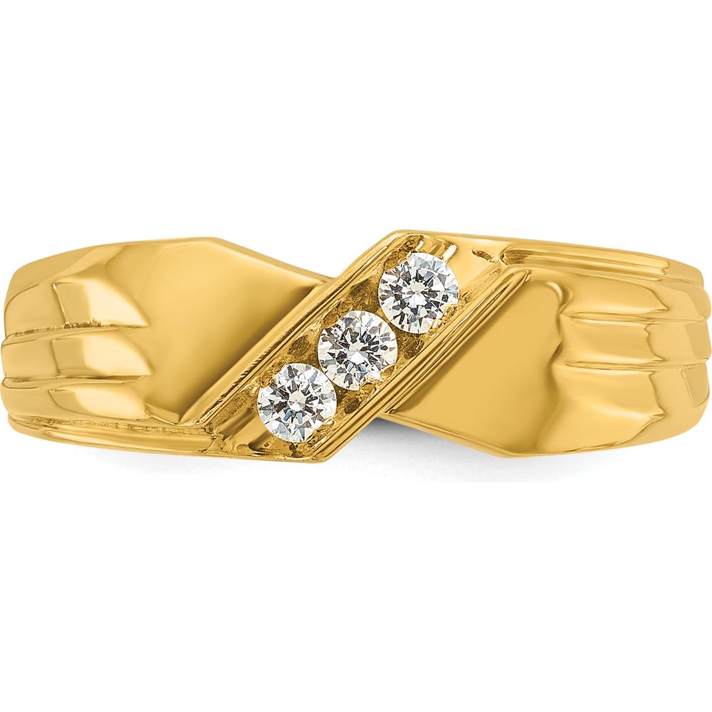 14K Yellow Gold 3-Stone Men's Diamond Ring with Polished Grooved Band - 1/5 Carat Total Diamond Weight by IBGoodman
