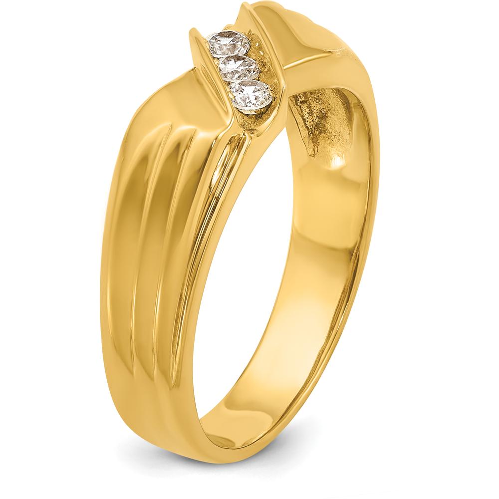 14K Yellow Gold 3-Stone Men's Diamond Ring with Polished Grooved Band - 1/5 Carat Total Diamond Weight by IBGoodman