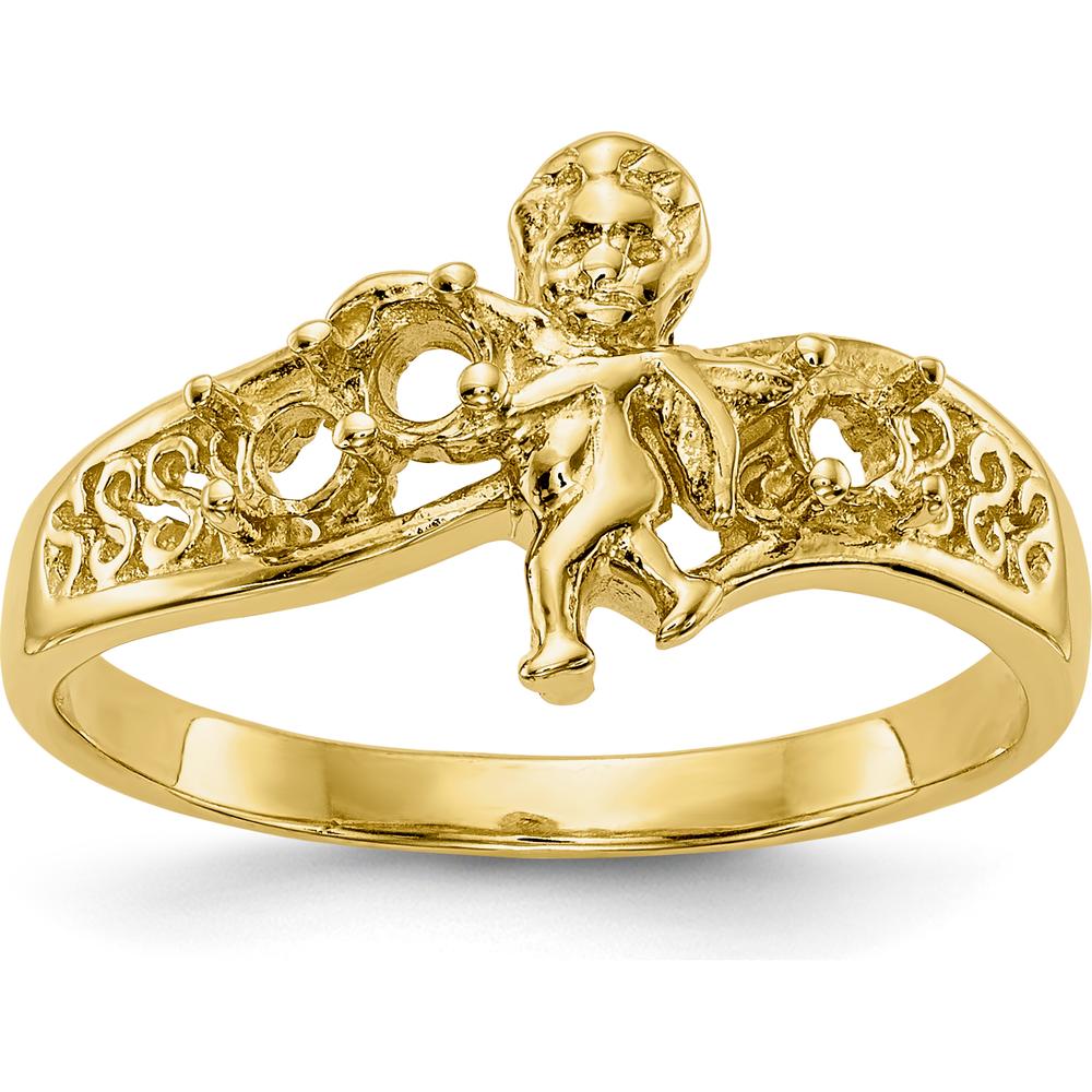 14K Yellow Gold 3-Stone Mother's Ring with Angel Motif and Polished Band by Oro Pregiato