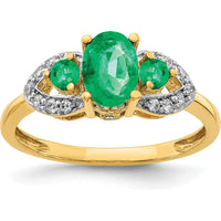 14K Yellow Gold 3-Stone Oval Emerald and Diamond Ring - 0.645 Carat Total Emerald Weight, 0.06 Carat Total Diamond Weight by 0