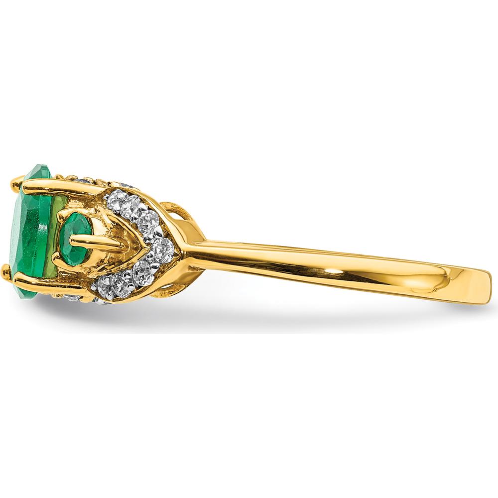 14K Yellow Gold 3-Stone Oval Emerald and Diamond Ring - 0.645 Carat Total Emerald Weight, 0.06 Carat Total Diamond Weight by 0