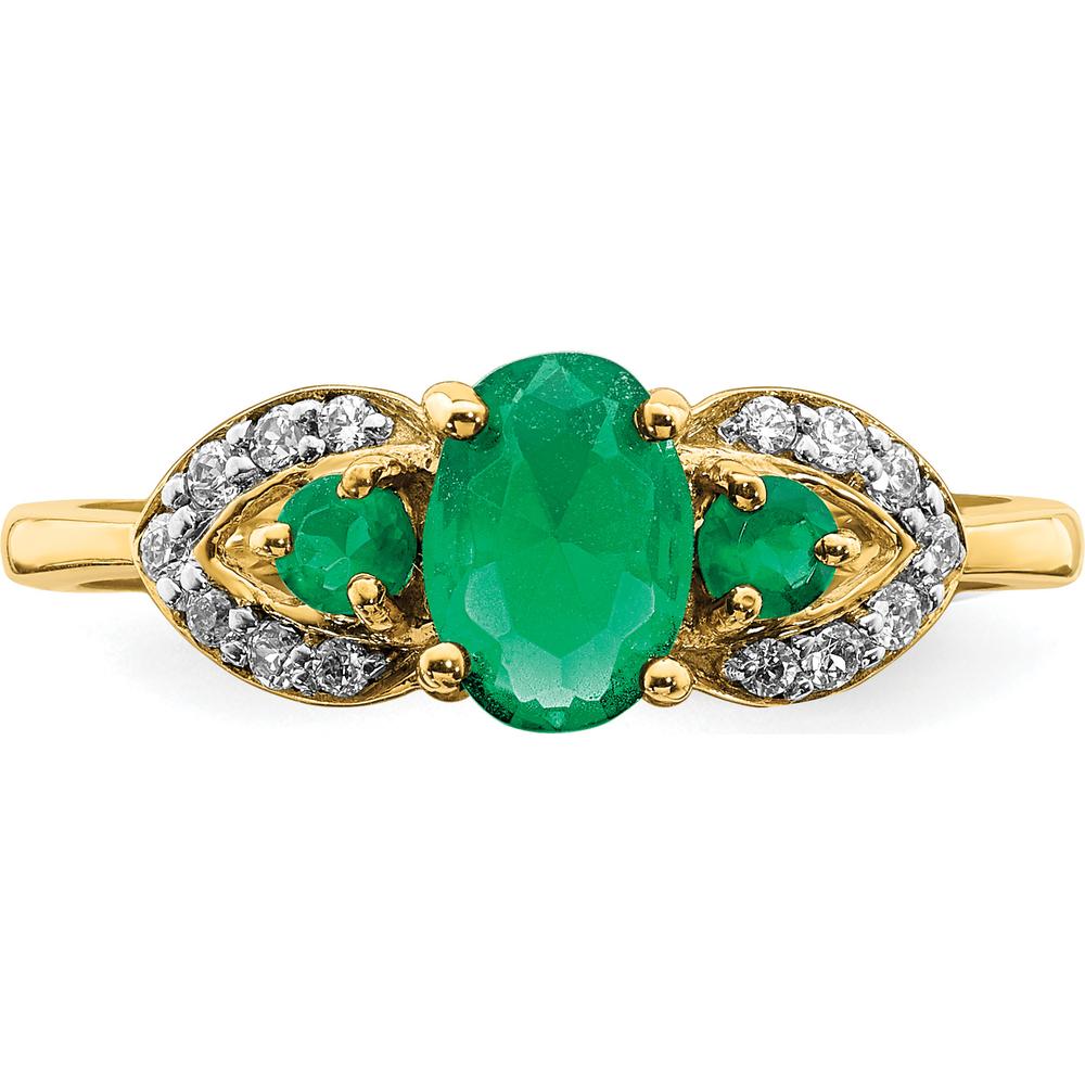 14K Yellow Gold 3-Stone Oval Emerald and Diamond Ring - 0.645 Carat Total Emerald Weight, 0.06 Carat Total Diamond Weight by 0