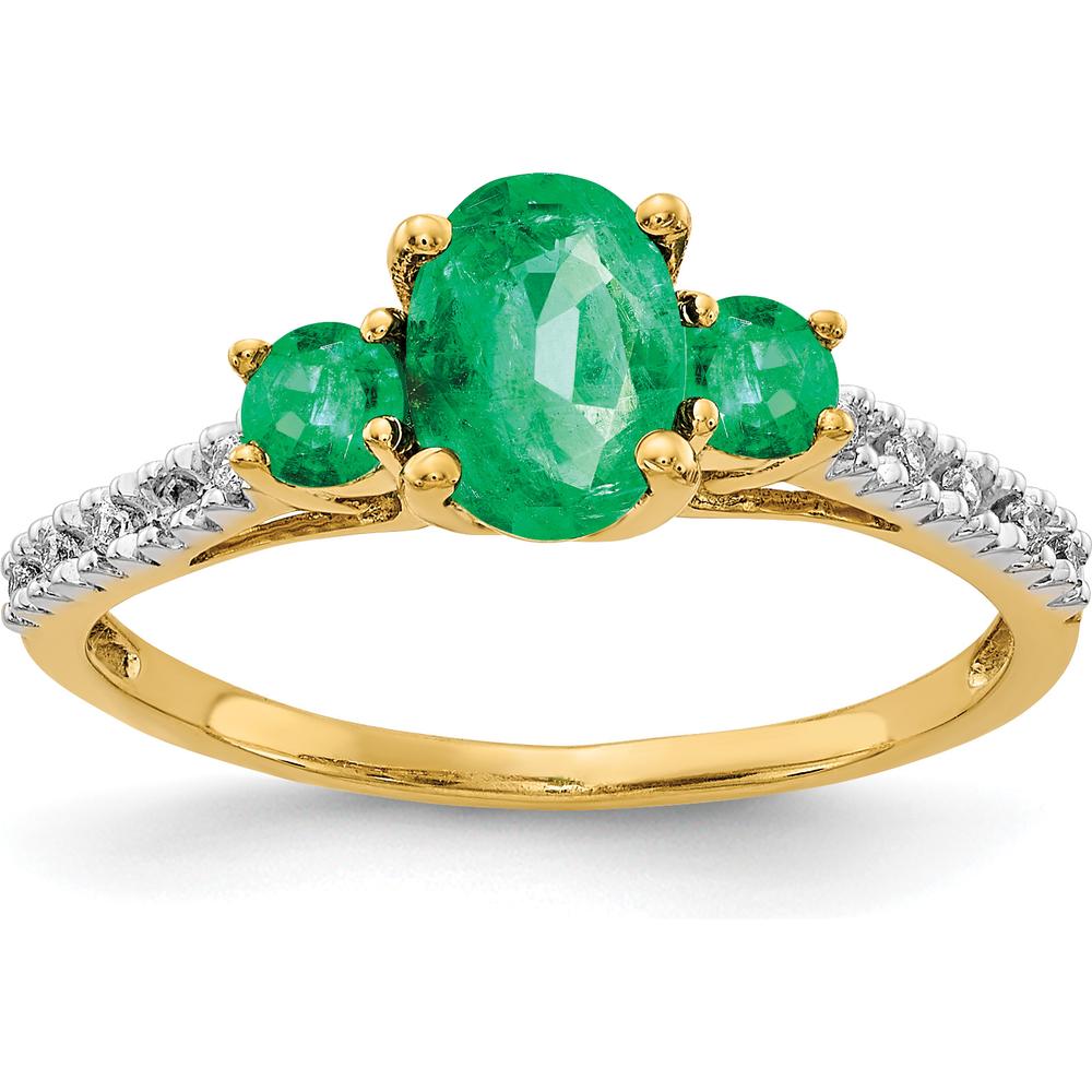 14K Yellow Gold 3-Stone Oval Emerald and Diamond Ring - 0.806 Carat Oval Emerald and 0.05 Carat Total Diamond Weight by 0