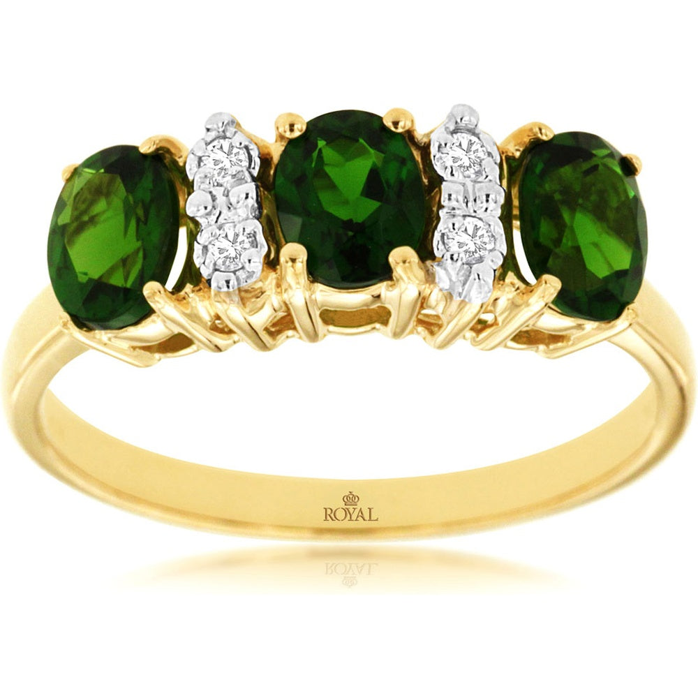 14K Yellow Gold 3-Stone Oval Russalite Ring with Round Diamond Accents - 1.30 Carat Total Russalite Weight, 0.06 Carat Total Diamond Weight - Royal Jewelry