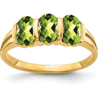 14K Yellow Gold 3-Stone Peridot Ring with Oval Cut Faceted Green Stones - 0.450 Carat Total Gemstone Weight by Monteluci Fine Jewelry