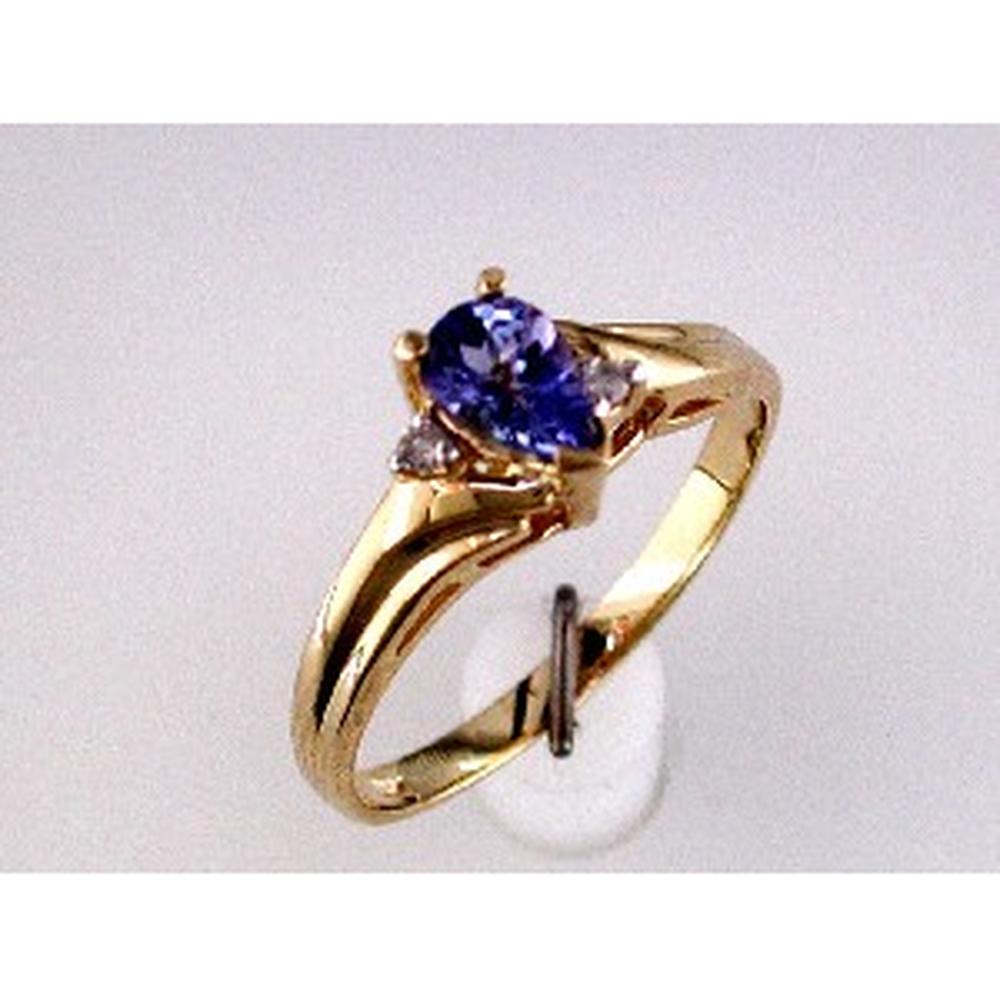 14K Yellow Gold 3-Stone Ring with 0.45 Carat Pear Shape Tanzanite and 0.03 Carat Total Weight Round Diamonds - Royal Jewelry