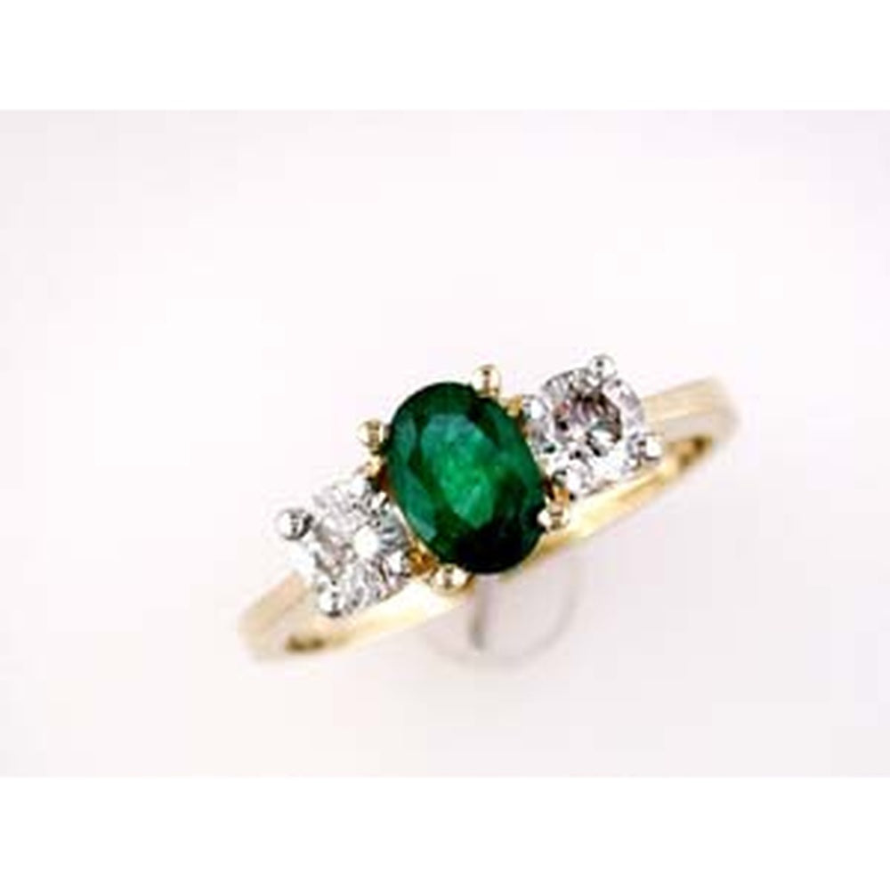 14K Yellow Gold 3-Stone Ring with 0.70 Carat Oval Emerald and 0.50 Carat Round Diamonds - Classic Princess Style Engagement Ring - Royal Jewelry