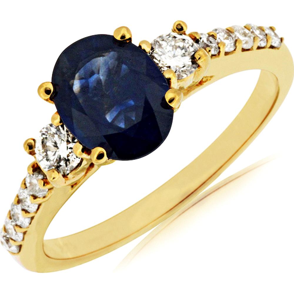 14K Yellow Gold 3-Stone Ring with 1.50 Carat Oval Cut Blue Sapphire and 0.45 Carat Total Weight Round Diamond Accents - Royal Jewelry