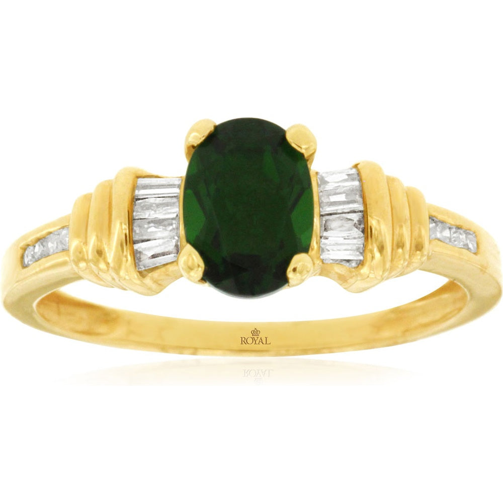 14K Yellow Gold 3-Stone Ring with 1.95 Carat Oval Russalite and Channel-Set Baguette Diamonds - 0.15 Carat Total Diamond Weight - Royal Jewelry
