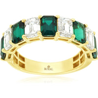 14K Yellow Gold 3-Stone Ring with 2.30 Carat Lab Grown Emerald and 2 Carat Lab Grown Diamonds - Royal Jewelry