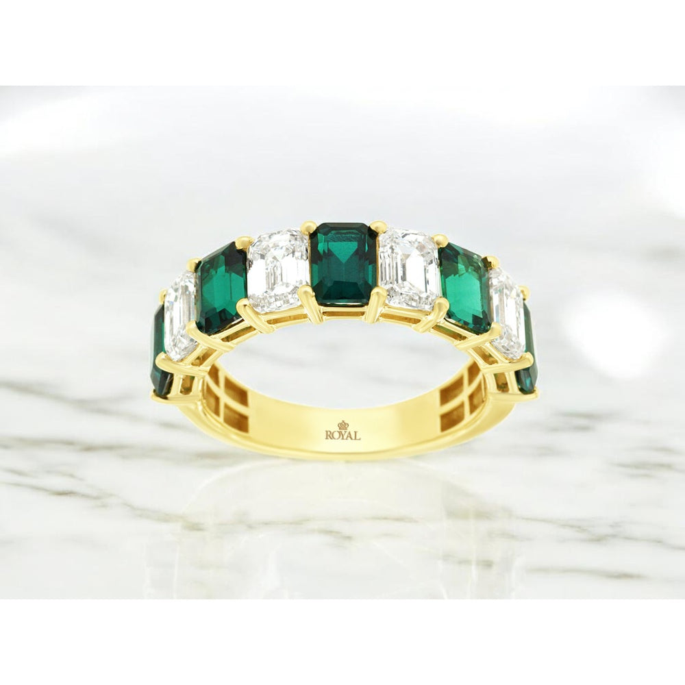 14K Yellow Gold 3-Stone Ring with 2.30 Carat Lab Grown Emerald and 2 Carat Lab Grown Diamonds - Royal Jewelry