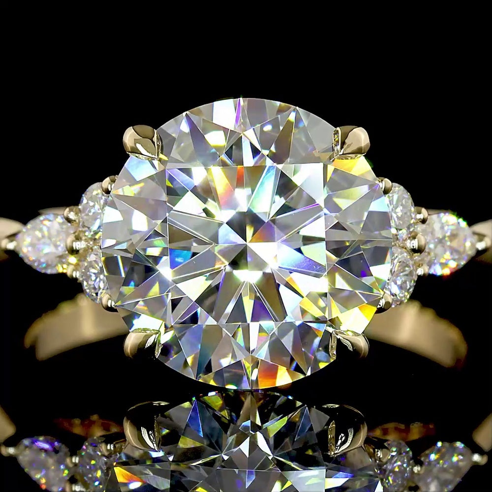 14K Yellow Gold 3-Stone Ring with 2.51 Carats Round Brilliant Cut Lab Diamond, Marquise and Round Side Diamonds - 2.76 Carats Total Diamond Weight - Covaloro Fine Jewelry