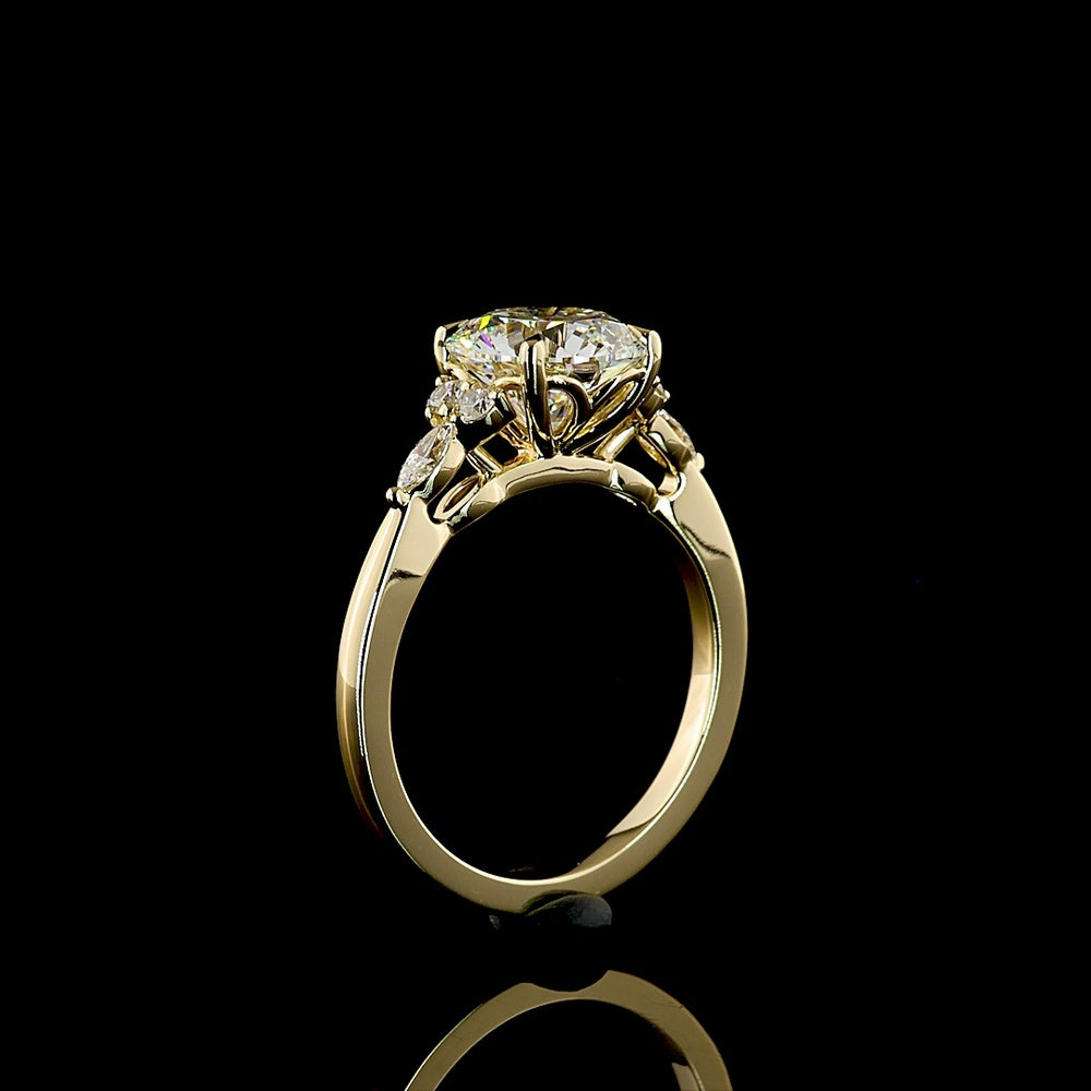 14K Yellow Gold 3-Stone Ring with 2.51 Carats Round Brilliant Cut Lab Diamond, Marquise and Round Side Diamonds - 2.76 Carats Total Diamond Weight - Covaloro Fine Jewelry