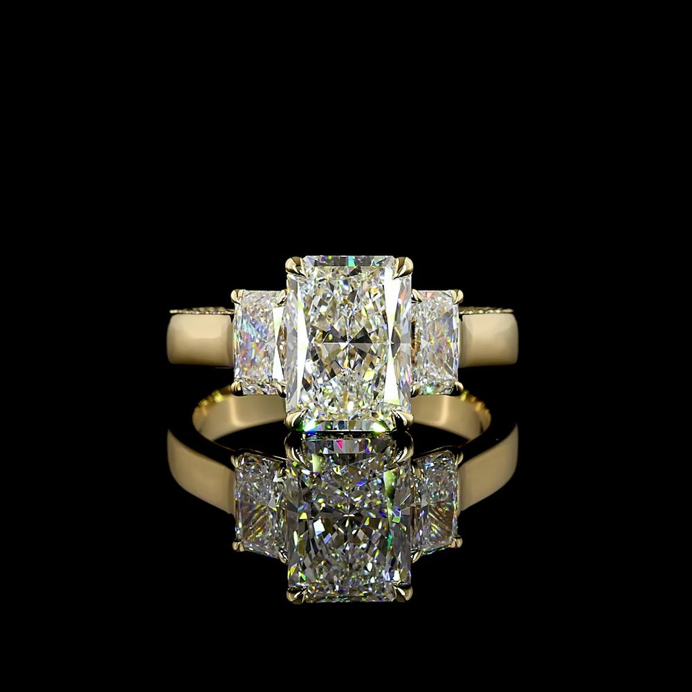 14K Yellow Gold 3-Stone Ring with 2.52 Carats Radiant Cut Lab Diamond Center and Matching Radiant Side Stones - 3.71 Carats Total Diamond Weight - Covaloro Fine Jewelry