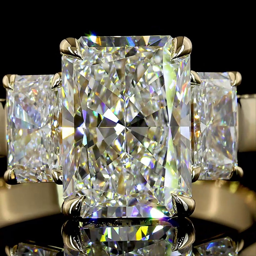 14K Yellow Gold 3-Stone Ring with 2.52 Carats Radiant Cut Lab Diamond Center and Matching Radiant Side Stones - 3.71 Carats Total Diamond Weight - Covaloro Fine Jewelry