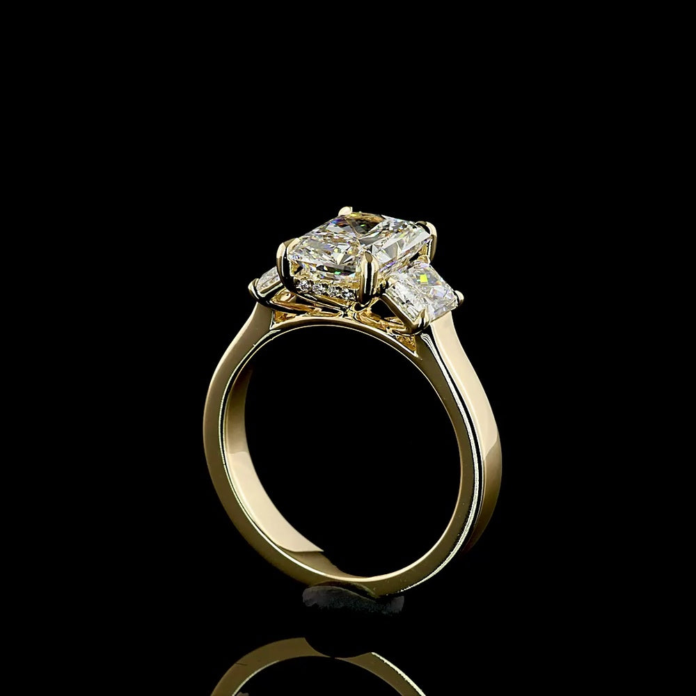 14K Yellow Gold 3-Stone Ring with 2.52 Carats Radiant Cut Lab Diamond Center and Matching Radiant Side Stones - 3.71 Carats Total Diamond Weight - Covaloro Fine Jewelry