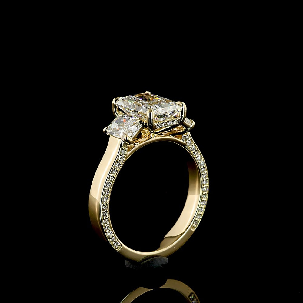 14K Yellow Gold 3-Stone Ring with 2.52 Carats Radiant Cut Lab Diamond Center and Matching Radiant Side Stones - 3.71 Carats Total Diamond Weight - Covaloro Fine Jewelry