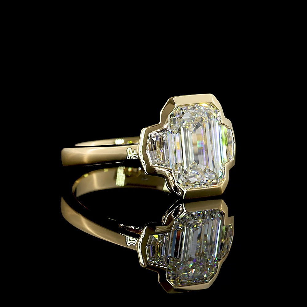 14K Yellow Gold 3-Stone Ring with 3.02 Carat Emerald Cut Lab Diamond and Side Stones - 3.40 Carat Total Diamond Weight, GIA Certified - Covaloro Fine Jewelry