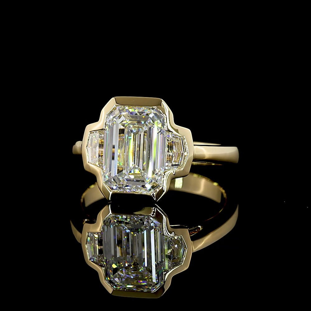 14K Yellow Gold 3-Stone Ring with 3.02 Carat Emerald Cut Lab Diamond and Side Stones - 3.40 Carat Total Diamond Weight, GIA Certified - Covaloro Fine Jewelry