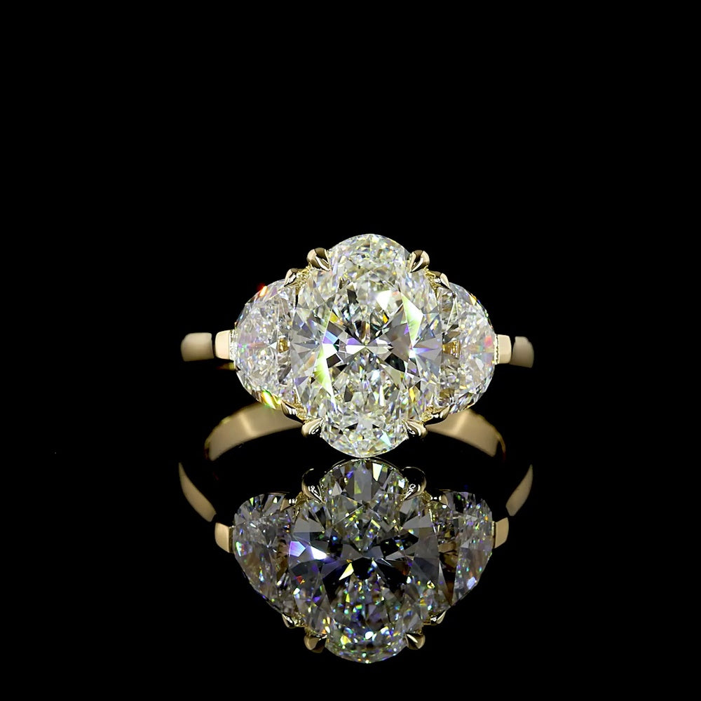 14K Yellow Gold 3 Stone Ring with 3.05 Carat Oval D VVS2 Lab Diamond & Half-Moon Side Stones - Total 4.45 Ct - Covaloro Fine Jewelry