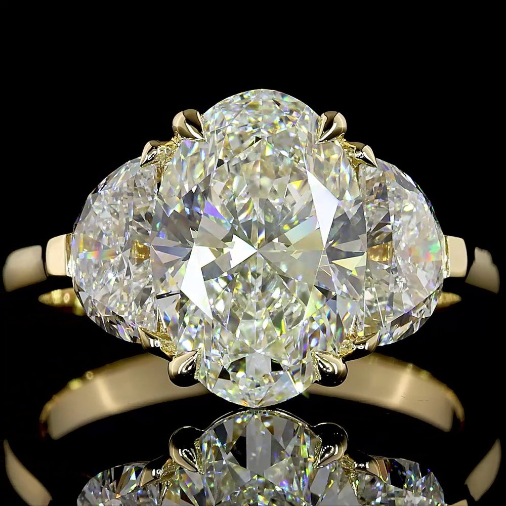 14K Yellow Gold 3 Stone Ring with 3.05 Carat Oval D VVS2 Lab Diamond & Half-Moon Side Stones - Total 4.45 Ct - Covaloro Fine Jewelry