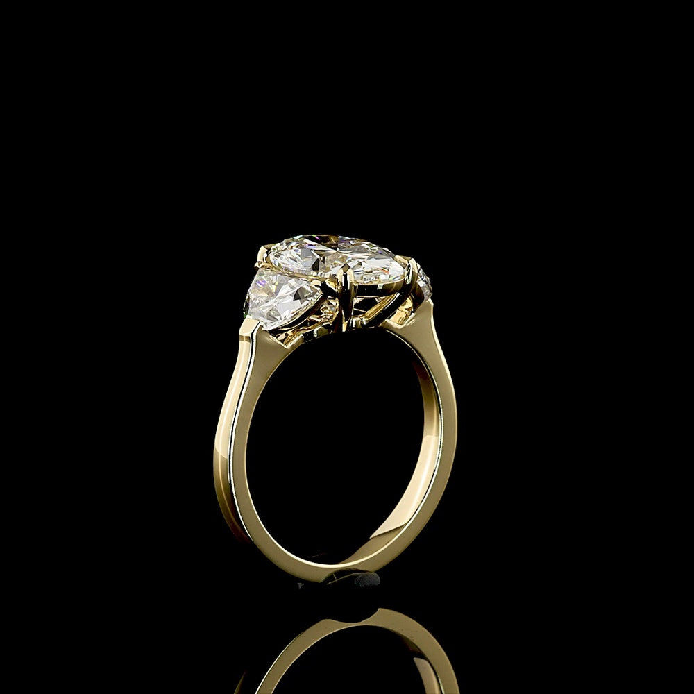 14K Yellow Gold 3 Stone Ring with 3.05 Carat Oval D VVS2 Lab Diamond & Half-Moon Side Stones - Total 4.45 Ct - Covaloro Fine Jewelry