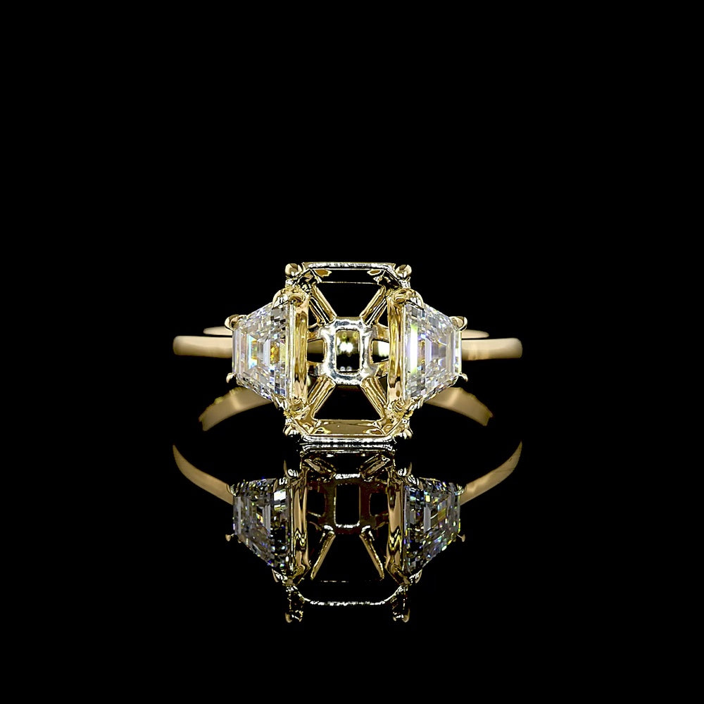 14K Yellow Gold 3-Stone Ring with 3.06 Carat Emerald Cut Lab Diamond and Trapezoid Cut Side Stones - 3.97 Total Carat Weight - Covaloro Fine Jewelry