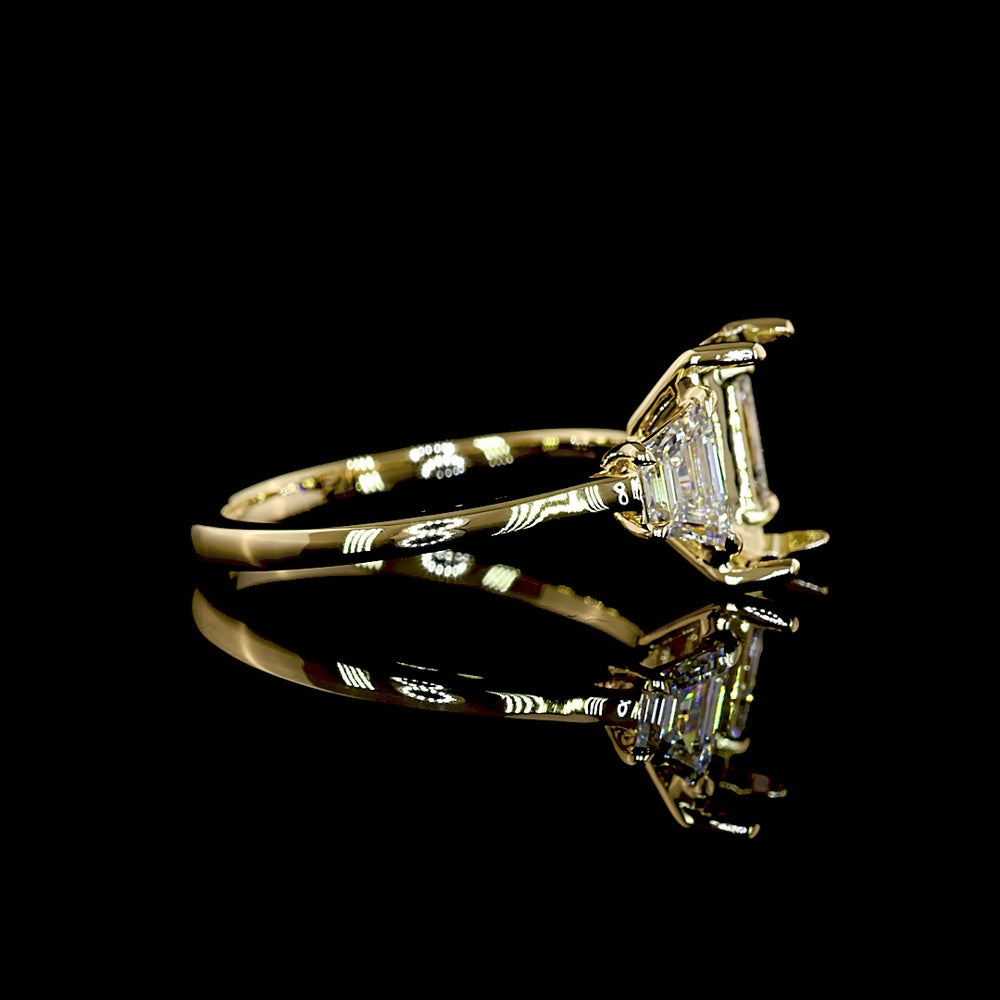 14K Yellow Gold 3-Stone Ring with 3.06 Carat Emerald Cut Lab Diamond and Trapezoid Cut Side Stones - 3.97 Total Carat Weight - Covaloro Fine Jewelry