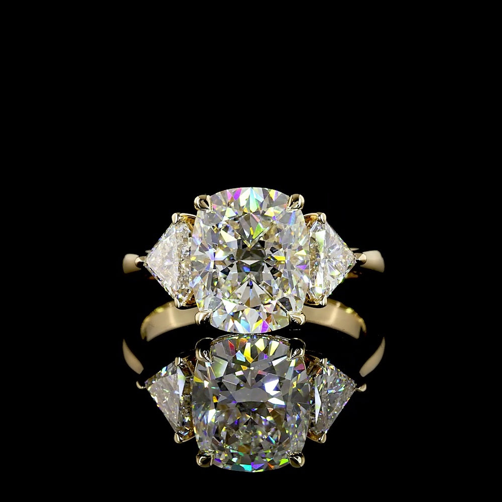 14K Yellow Gold 3-Stone Ring with 3.51 Carats Cushion Brilliant Cut Lab Diamond and 1.02 Carats Step Oval Side Stones - 4.53 Carats Total Diamond Weight - Covaloro Fine Jewelry