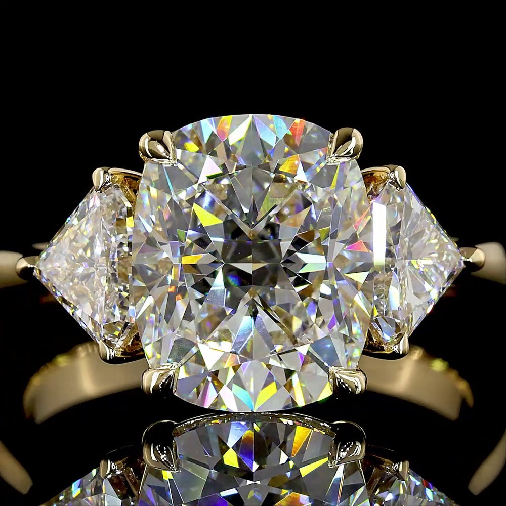 14K Yellow Gold 3-Stone Ring with 3.51 Carats Cushion Brilliant Cut Lab Diamond and 1.02 Carats Step Oval Side Stones - 4.53 Carats Total Diamond Weight - Covaloro Fine Jewelry