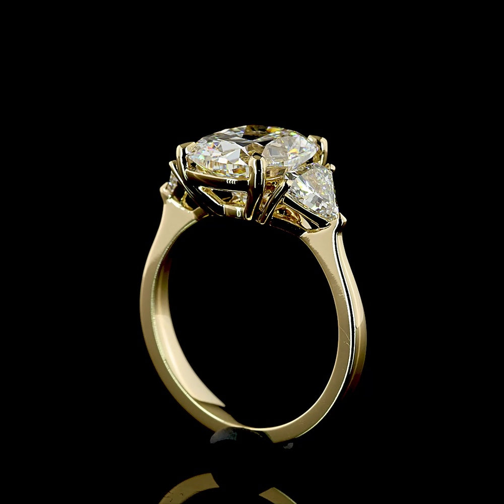 14K Yellow Gold 3-Stone Ring with 3.51 Carats Cushion Brilliant Cut Lab Diamond and 1.02 Carats Step Oval Side Stones - 4.53 Carats Total Diamond Weight - Covaloro Fine Jewelry