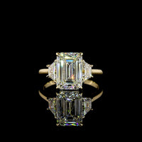 14K Yellow Gold 3-Stone Ring with 4.11 Carat Emerald Cut Lab Diamond and Trapezoid Side Stones - 5.25 Total Carat Weight - Covaloro Fine Jewelry