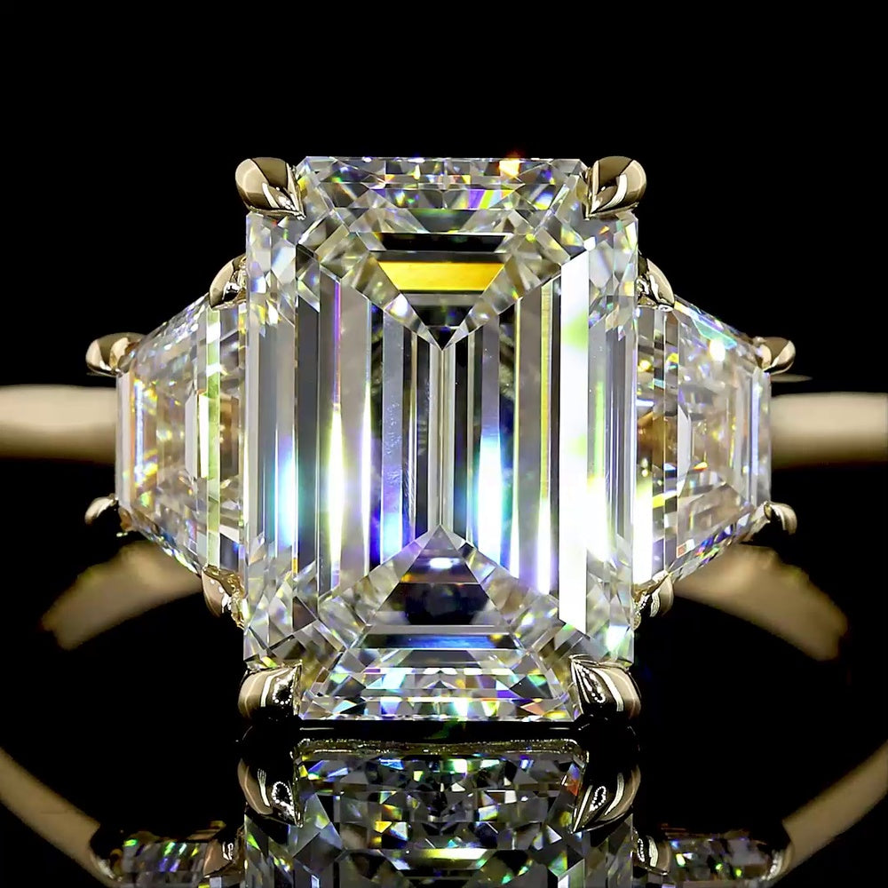 14K Yellow Gold 3-Stone Ring with 4.11 Carat Emerald Cut Lab Diamond and Trapezoid Side Stones - 5.25 Total Carat Weight - Covaloro Fine Jewelry
