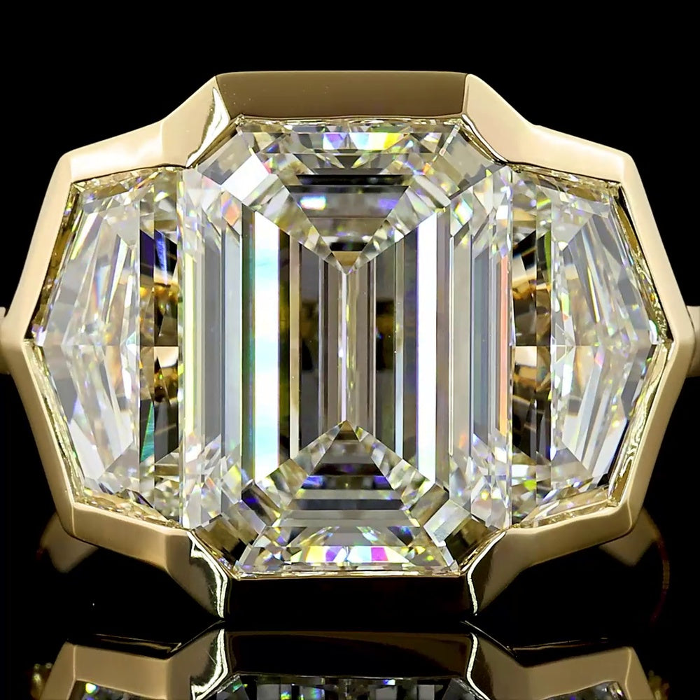14K Yellow Gold 3 Stone Ring with 5.10 Carat Emerald Cut Lab Diamond & Cadillac Cut Side Stones - 7.35 Carat Total Weight - Covaloro Fine Jewelry