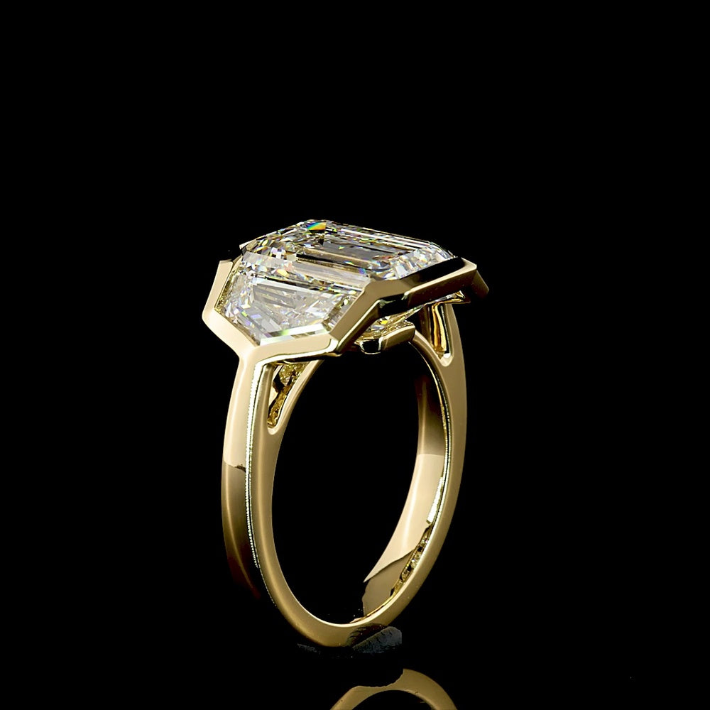 14K Yellow Gold 3 Stone Ring with 5.10 Carat Emerald Cut Lab Diamond & Cadillac Cut Side Stones - 7.35 Carat Total Weight - Covaloro Fine Jewelry