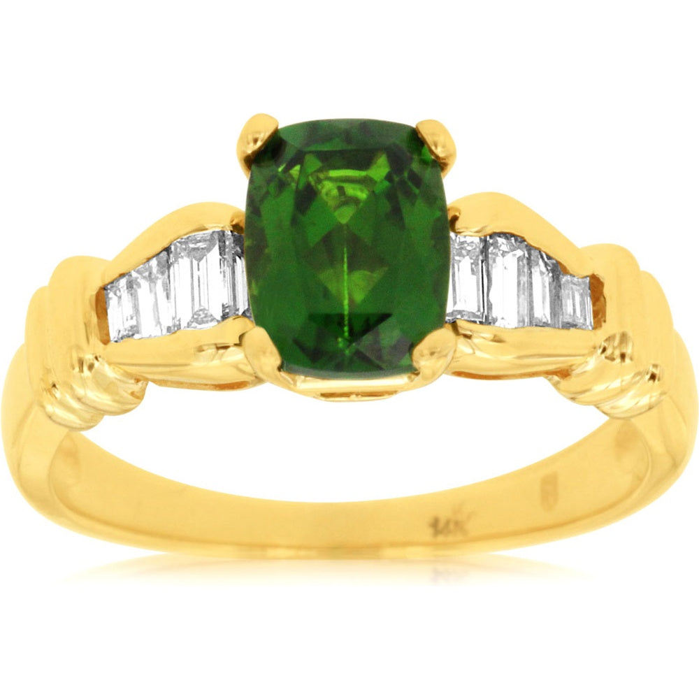 14K Yellow Gold 3-Stone Ring with Cushion-Cut Russalite and Channel-Set Baguette Diamonds - 1.30 Carat Russalite and 0.50 Carat Total Diamond Weight - Royal Jewelry