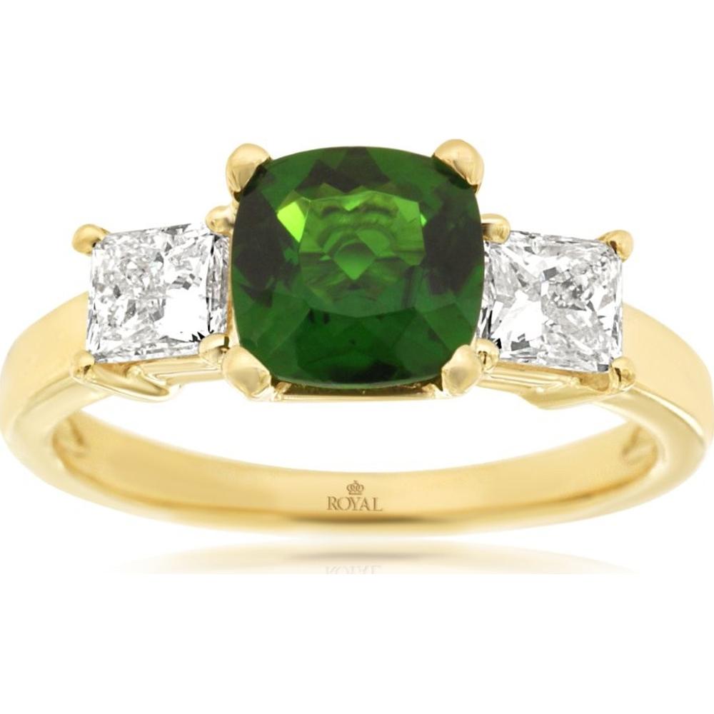 14K Yellow Gold 3 Stone Ring with Cushion Cut Russalite and Diamond Side Stones - 1.40 Carat Russalite and 0.70 Carat Total Diamond Weight - Royal Jewelry