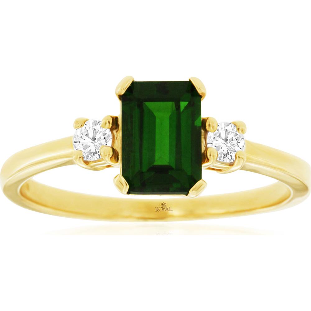 14K Yellow Gold 3-Stone Ring with Emerald Cut Green Russalite and Round Diamond Accents - 1.00 Carat Russalite & 0.15 Carat Total Diamond Weight - Royal Jewelry
