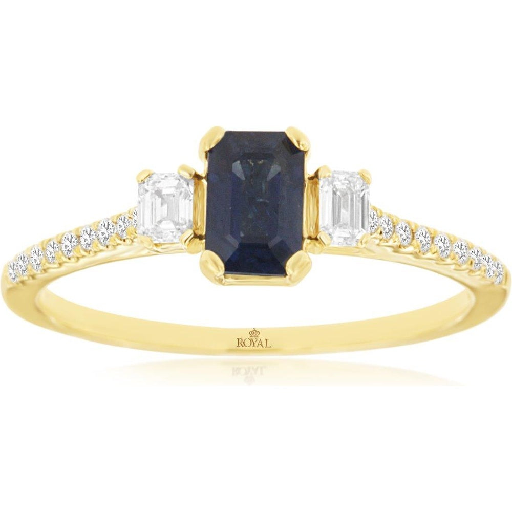 14K Yellow Gold 3-Stone Ring with Emerald-Cut Sapphire and Emerald-Cut Diamond Accents - 0.70 Carat Sapphire and 0.28 Carat Total Diamond Weight - Royal Jewelry