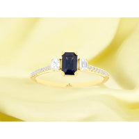 14K Yellow Gold 3-Stone Ring with Emerald-Cut Sapphire and Emerald-Cut Diamond Accents - 0.70 Carat Sapphire and 0.28 Carat Total Diamond Weight - Royal Jewelry