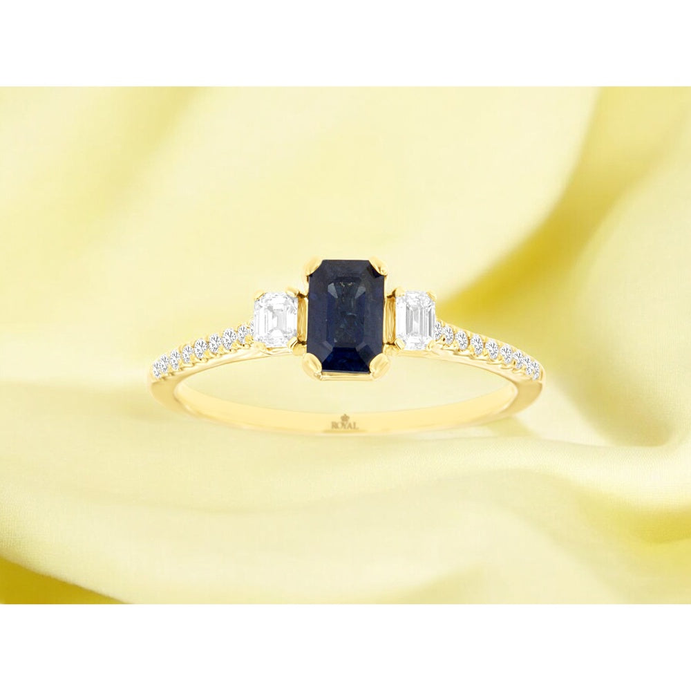 14K Yellow Gold 3-Stone Ring with Emerald-Cut Sapphire and Emerald-Cut Diamond Accents - 0.70 Carat Sapphire and 0.28 Carat Total Diamond Weight - Royal Jewelry