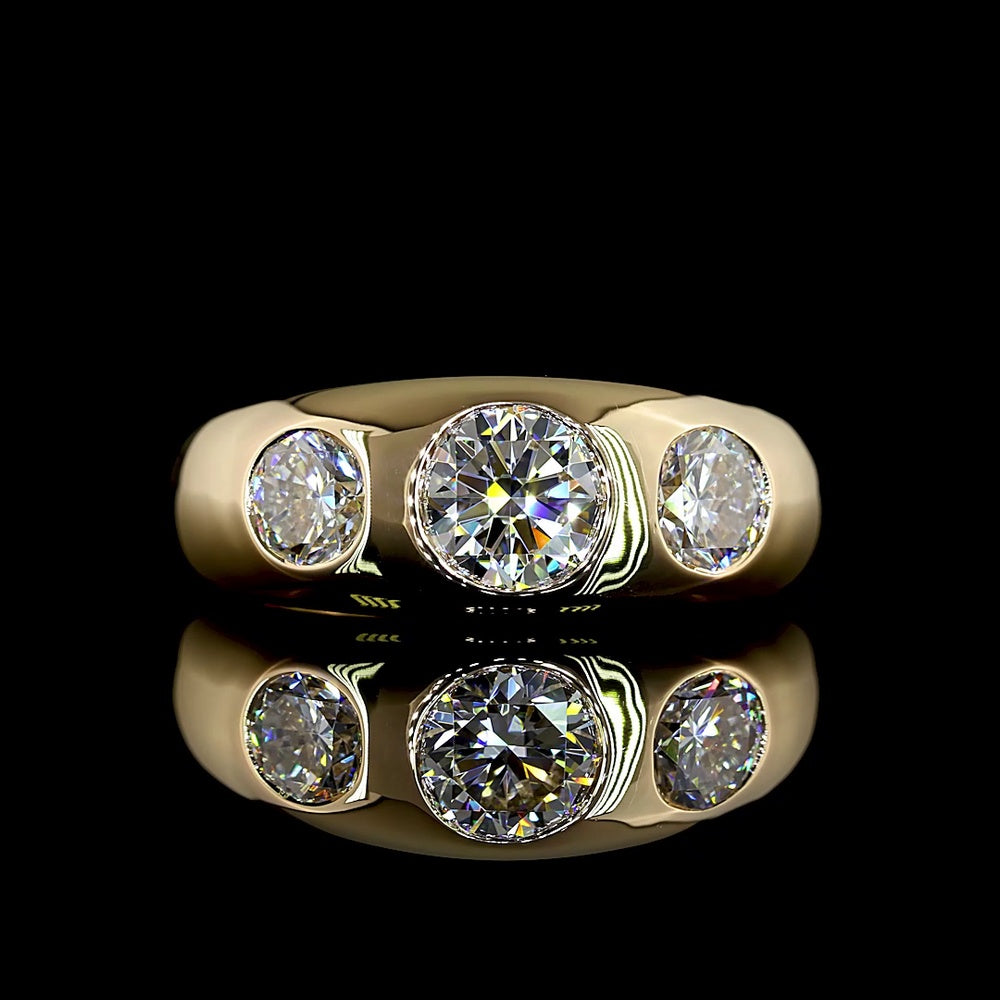 14K Yellow Gold 3-Stone Ring with Flush Set Round Lab Diamonds - 1.02 Carat Center, 2.07 Carats Total Diamond Weight - Covaloro Fine Jewelry